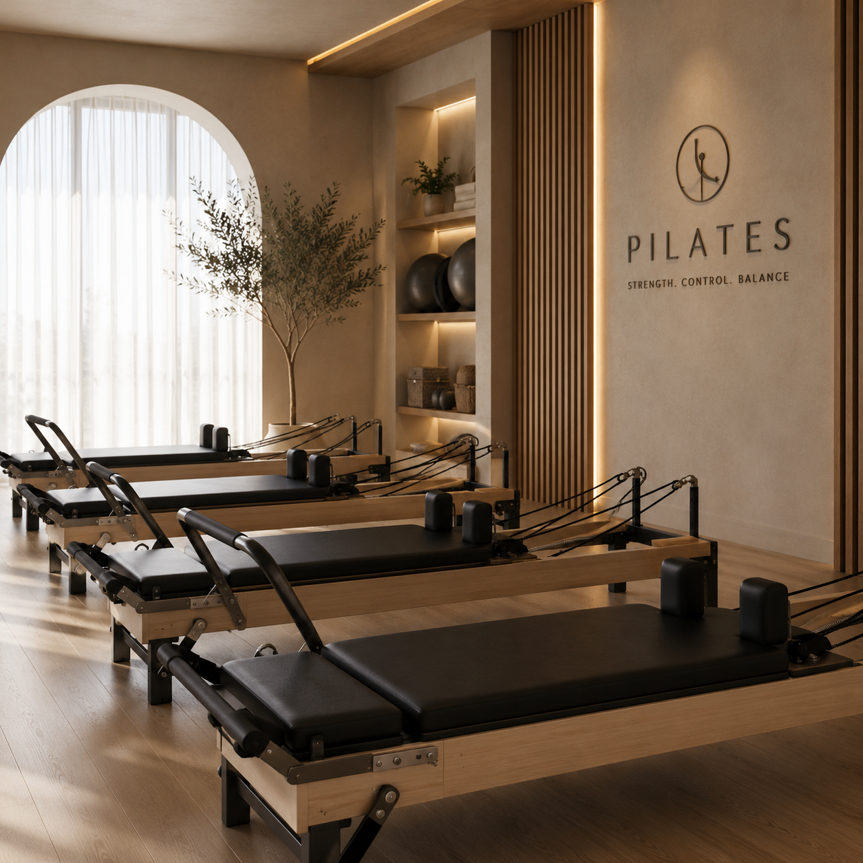 Pilates studio interior with reformers